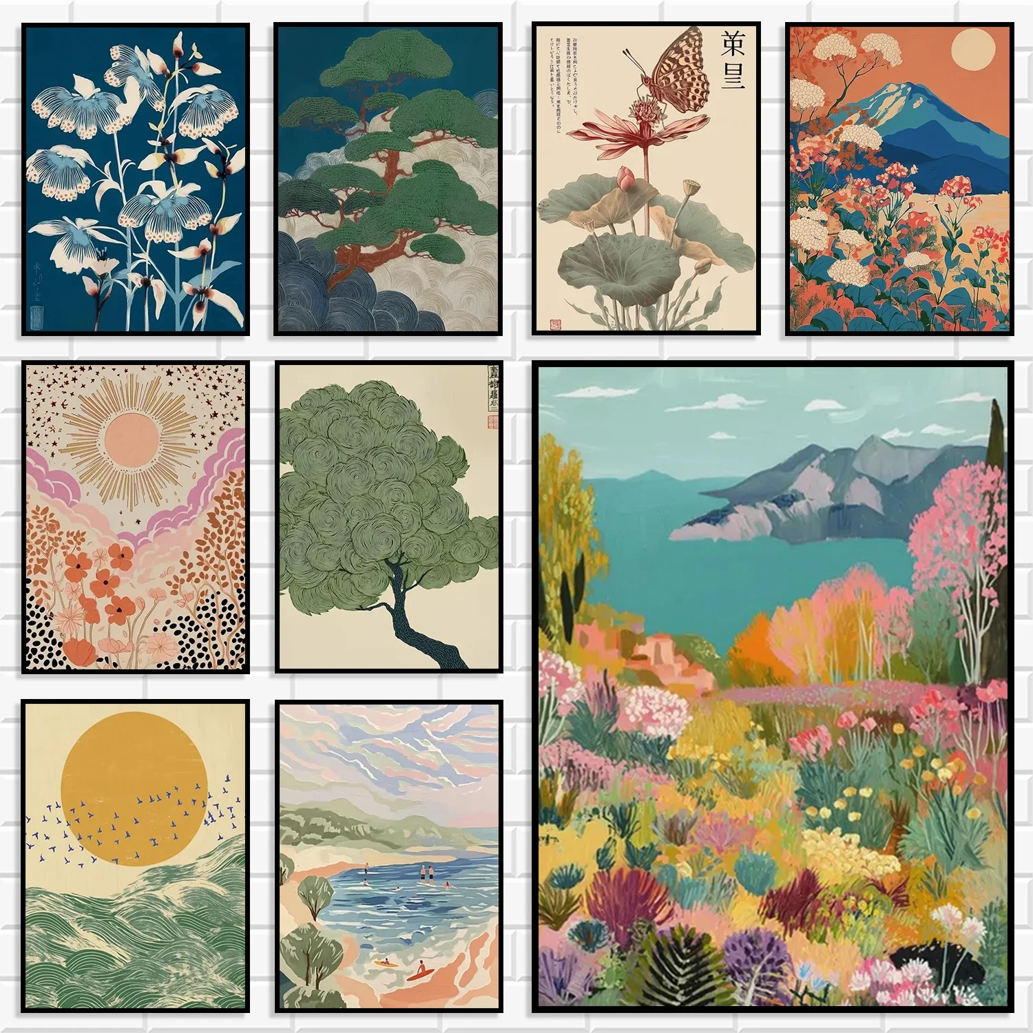 Japandi Ukiyo-e Canvas Prints Vintage Pine Lotus Fuji Mountain Wave Floral Sea Landscape Oriental Minimalist Home Decor Poster