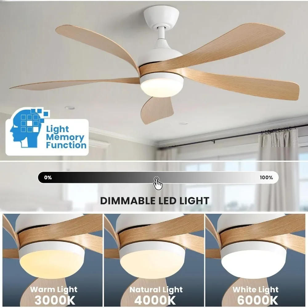 Ceiling Fans with Lights, Voice &  App & Remote Control, 3-Color Light 6-Speed Timing, Reversible DC Motor, 52