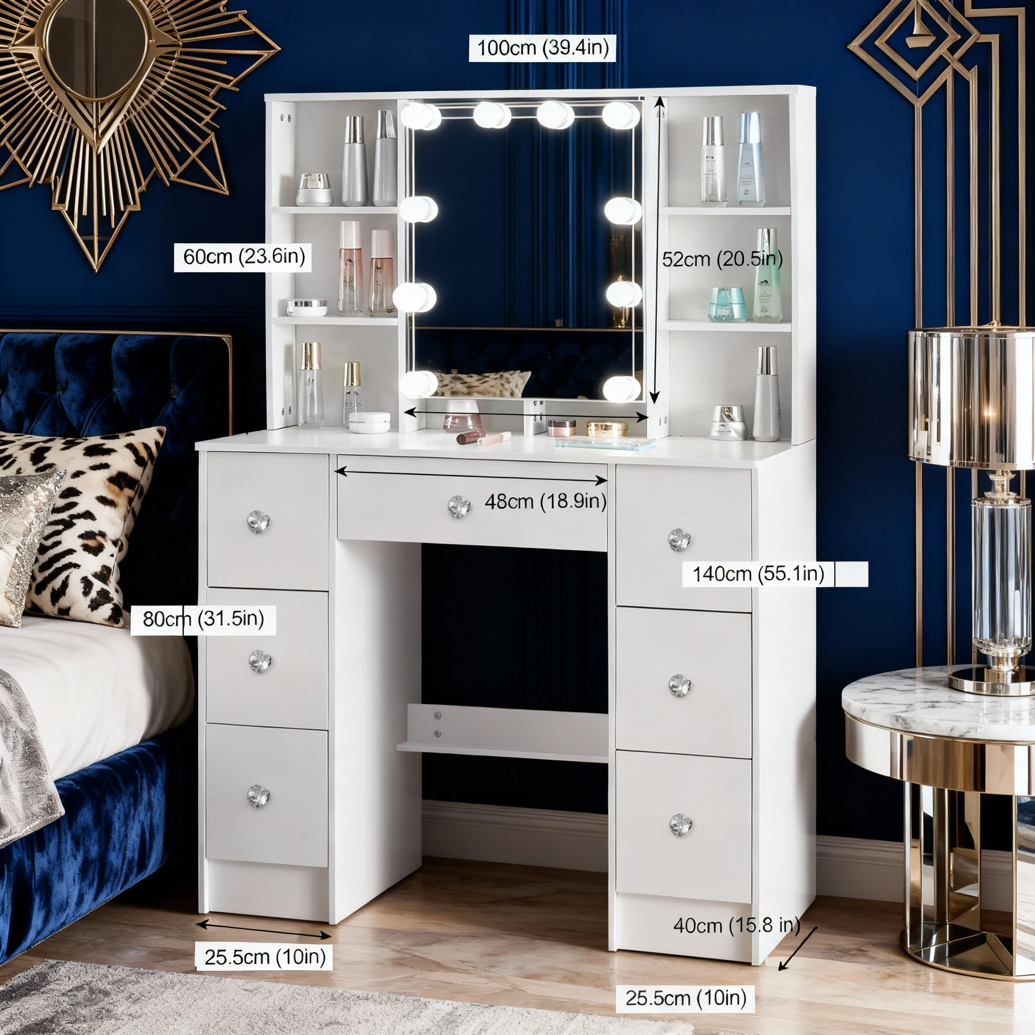 طاولة مكياج بمرآة تزيين LED مع مجموعة وحدة تزيين لغرفة النوم باللون الأبيض مكونة من 7 أدراج #6