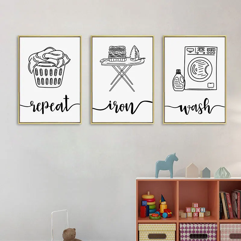 Modern Laundry Room Wall Art Posters Prints Black and White Bathroom Decorative Picture Dry Wash Repeat Sign Canvas Painting