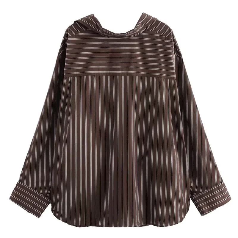 TRAF Striped Women\'s Shirts & Blouses 2024 Autumn Oversized Elegant Long Sleeve Tops Fashion Casual Brown Plus Size Long Blouses