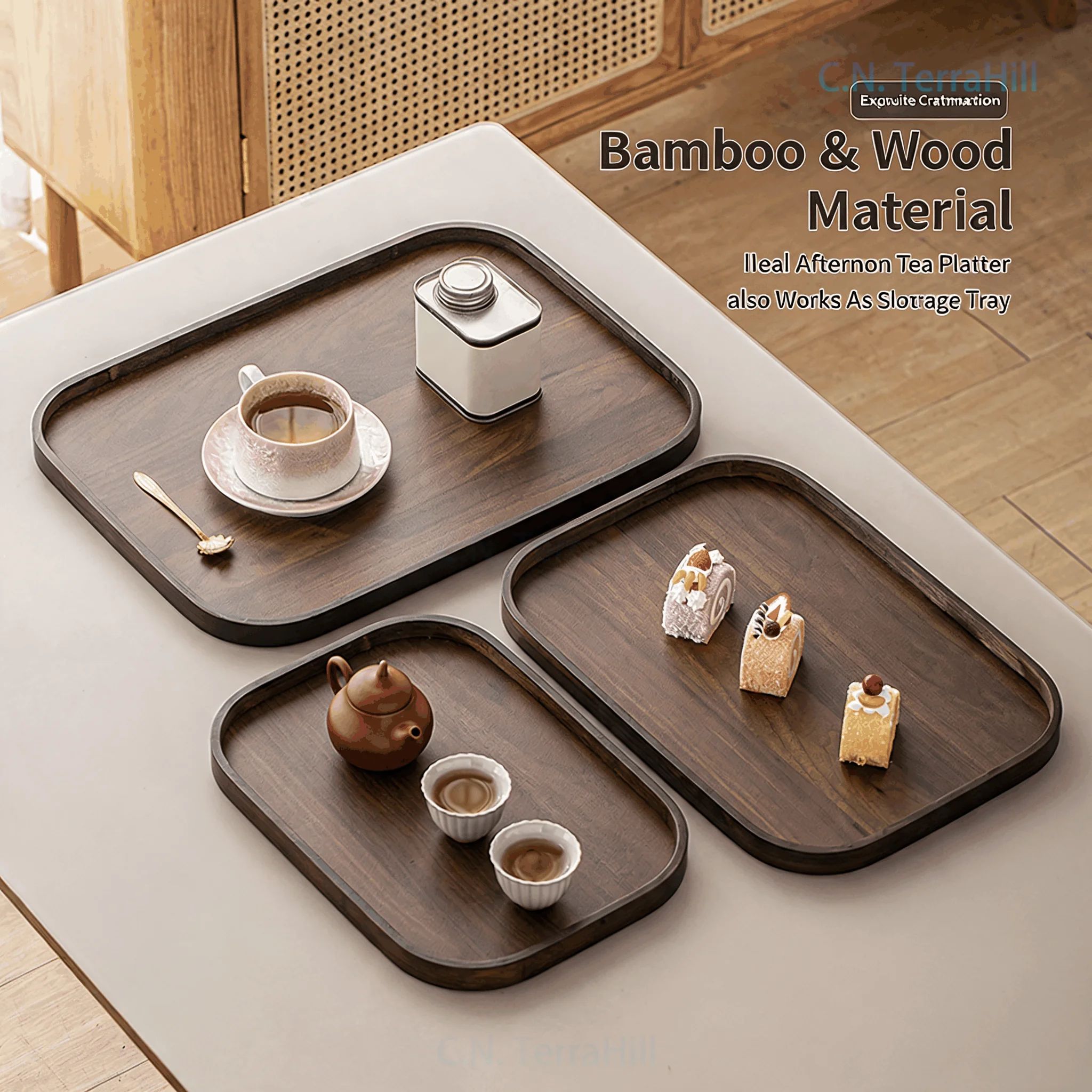 Solid Wood Serving Tray for Tea Cups and Snacks, Walnut Finish, Bamboo Fruit Plate, Household Tableware