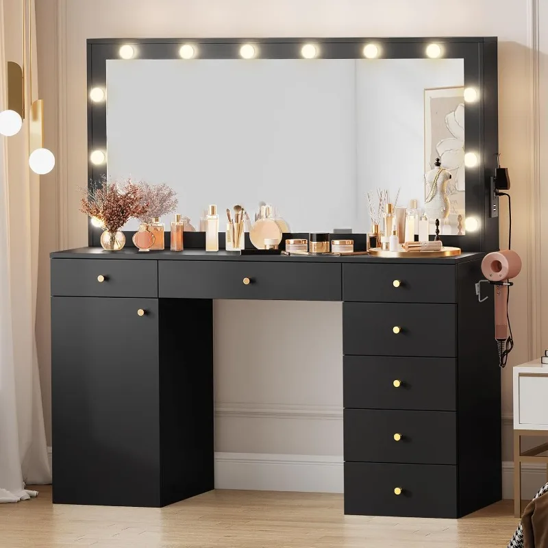 56'' Makeup Vanity with Mirror and Lights, Large Desk 12 LED Hollywood 7 Drawers, Cabinet, Power Outlet, 3 Light Modes