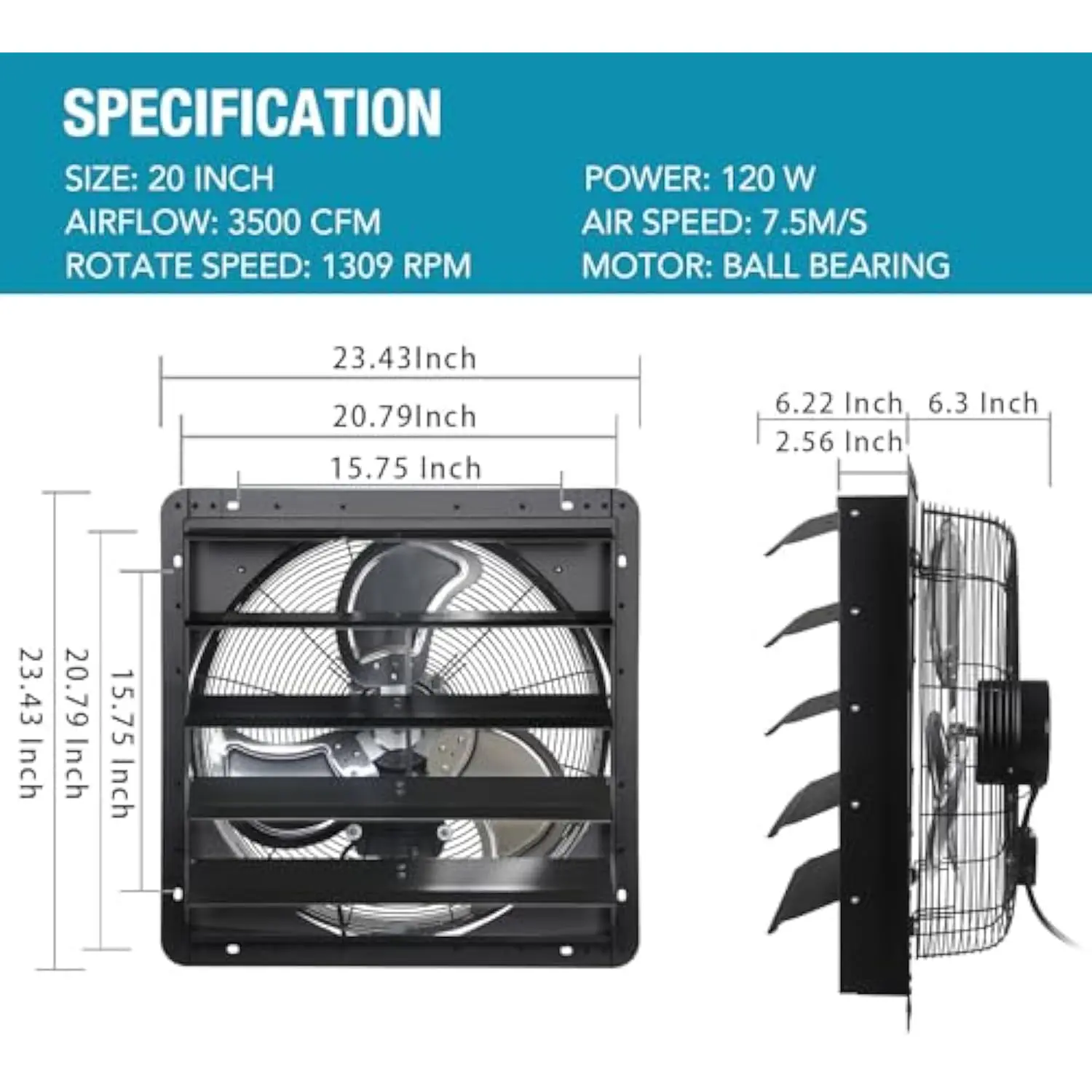 พัดลมดูดอากาศชัตเตอร์ขนาด 20 นิ้วติดผนัง, พัดลมดูดอากาศ 3500CFM พร้อมสายไฟ 1.65 ม. ที่ติดตั้งไว้ล่วงหน้า, พัดลมระบายอากาศสําหรับ Greenho