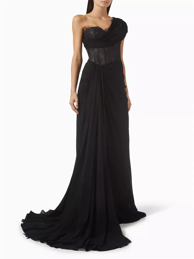 Customized One Shoulder Neckline Long Cloak Chiffon Straight Evening Dress Back Zipper Floor Length Sweep Train Gown For Women