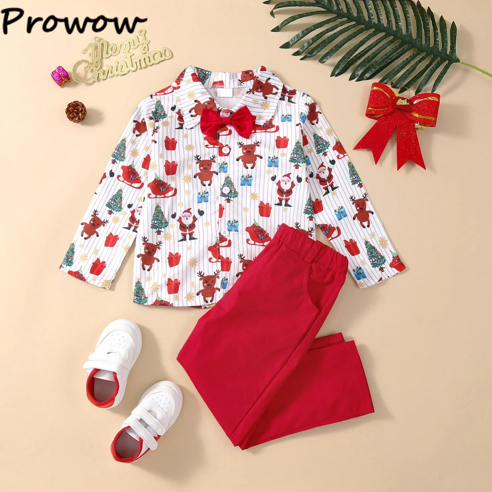 Boys Christmas Outfits For Kids Baby Festival Clothing Short/Long Sleeve Gentleman Shirts+Red Pants New Year Children\'s Costume