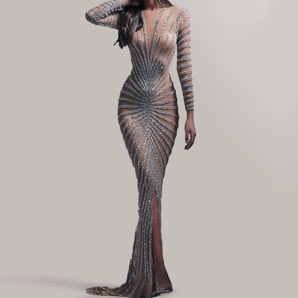 Women Striped Sequins Luxurious Evening Dress Sexy See-through Crew Neck Long Sleeve Slim Waist Maxi Party Club Cocktail Dresses