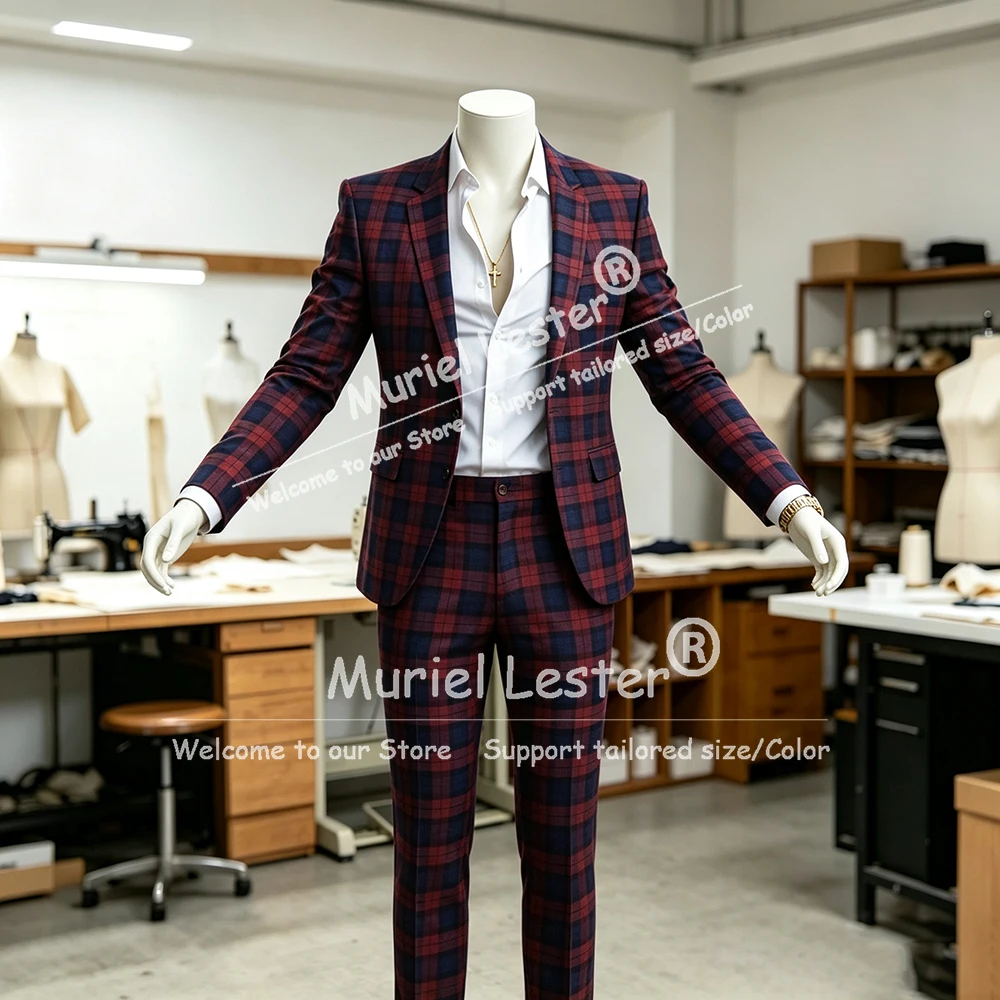Classic Men's Red Plaid Suits Formal Business Tuxedos Wedding Party Prom Blazer With Pants 2 Piece Sets Groom Dinner Outfits