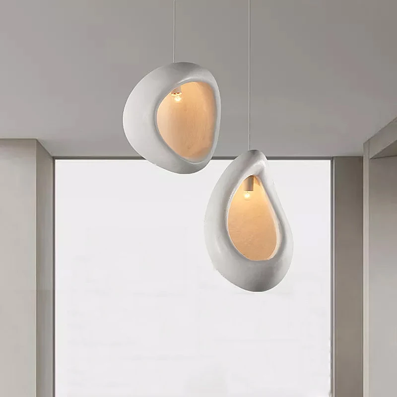 

New Wabi Sabi White Half Nest Shape Living Room Bedroom Art Pendant Lamp Modern Polystyrene Restaurant Creative Line Droplight