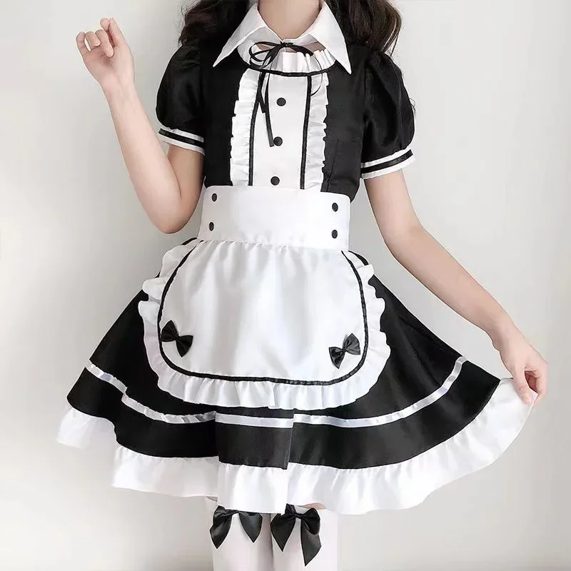 2022 seksowna bielizna Lolita pokojówka przebranie na karnawał kobiety nakrycia głowy fartuch z imitacją kołnierzyka Bowknot czarna sukienka impreza z okazji Halloween strój J