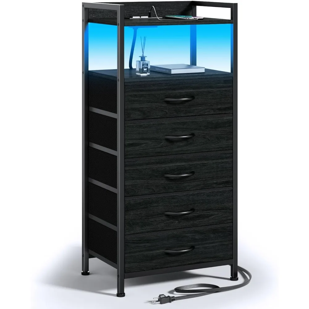 

5 Drawer Nightstand with Shelf, Tall Black Dresser for Bedroom with Led Light and Charging Station, Bed Side Table