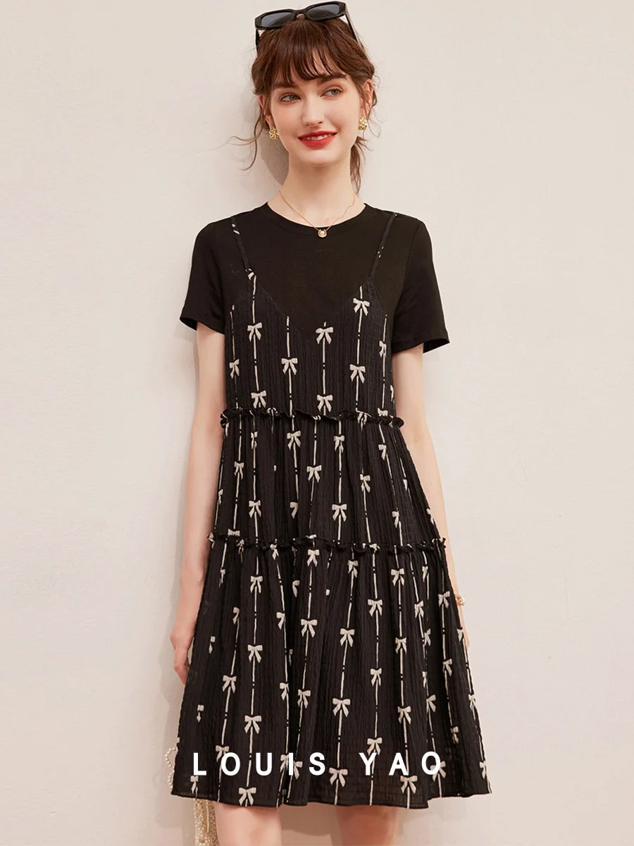LOUIS YAO 2025 Summer Fake Two-piece Skirt Round Neck Color Contrasting Bow Print Micro Elastic Short Sleeve Dress for Women
