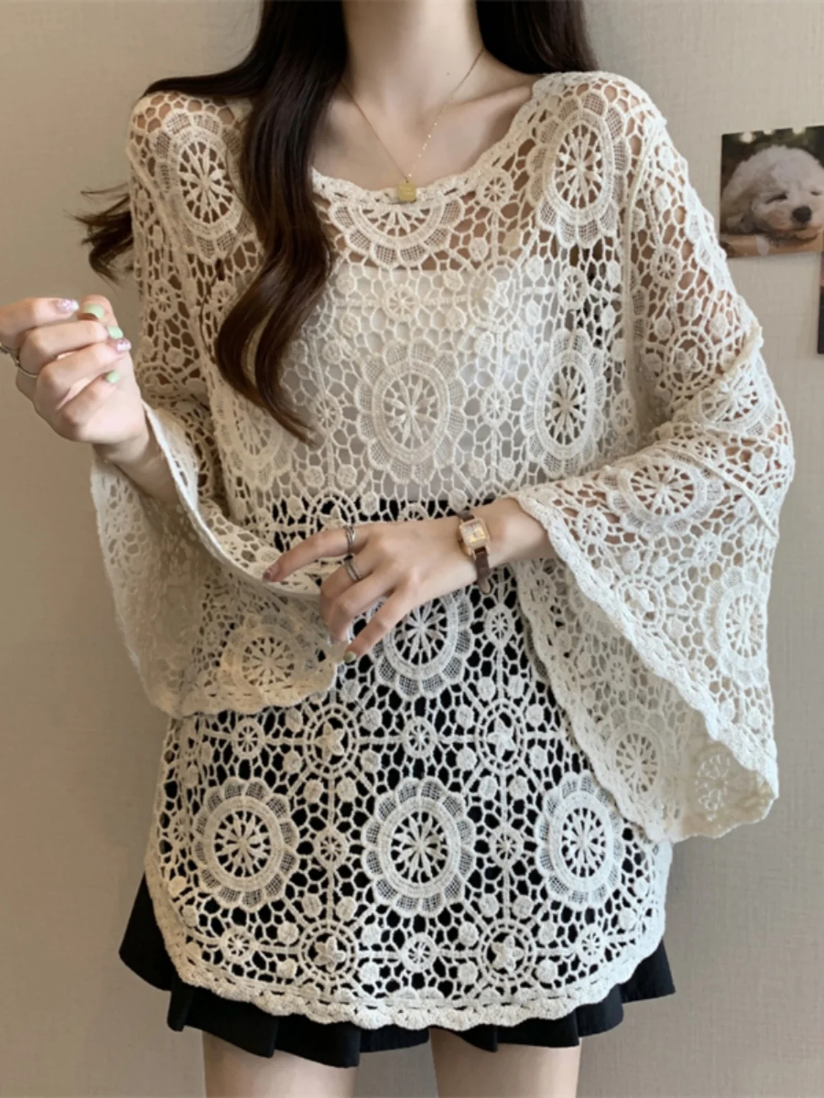 Women's Summer Lace Hollow out Sun Protection Cover up Top Loose Fit Long Sleeve round Neck Air Conditioning Shirt Korean Style