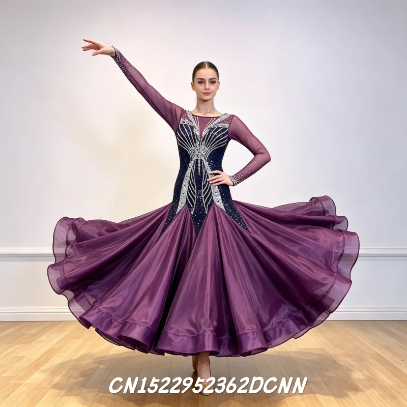 Adult Standard Social Dance Dress AB Stone Purple Long Sleeves Graceful Luxurious Custom Waltz Performance Clothes for Dancers