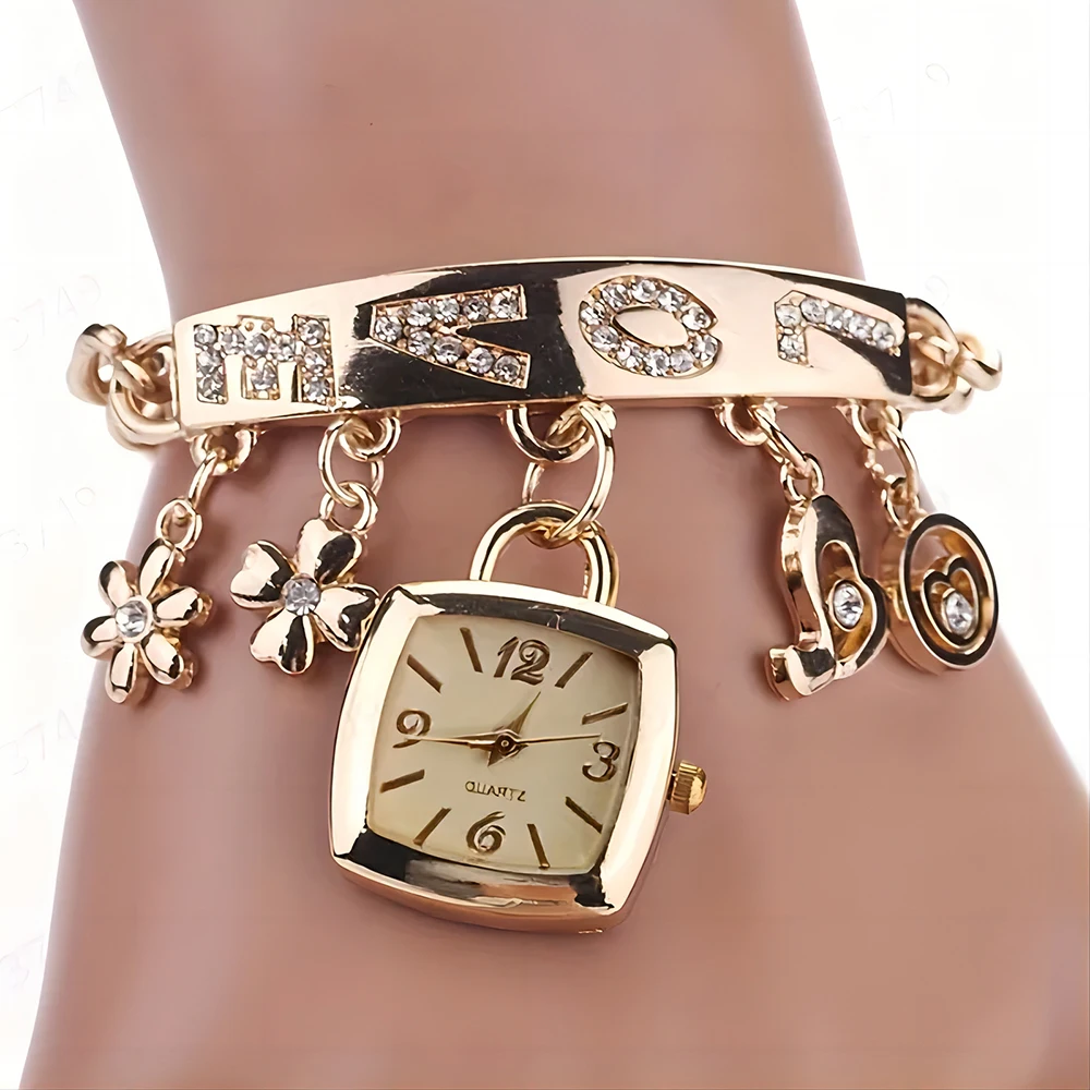 Women Watches with Letters Rhinestone Inlaid Chain Bracelet Flower Pendant Wrist Watch Ladies Dress Watches Gift Zegarek Damski