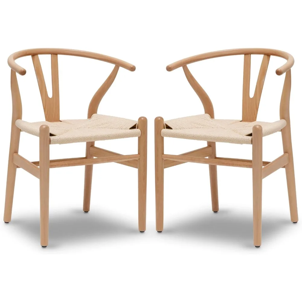 Poly and Bark Weave Modern Wooden Mid-Century Dining Chair, Hemp Seat, (Set of 2)