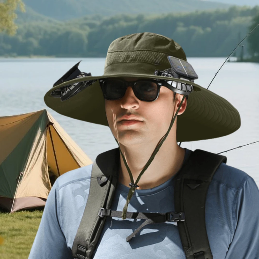 

Outdoor Wide Brim Sun Hat with Solar/Charging Fan Outdoor Drawstring Fishing Hat Waterproof for Outdoor Riding Hiking Fishing