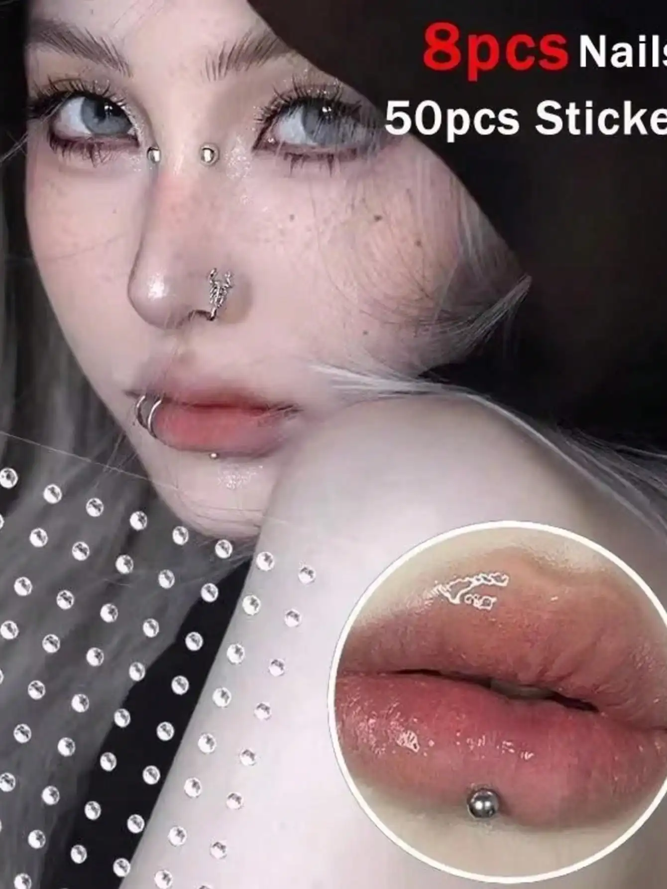 165pcs Sheet Non Piercing Magnetic Effect Self Adhesive Body Jewelry Stickers Waterproof Reusable Silver Metallic Ball Face Decals Fake Nose Stud Eyebrow Lip Stud Ear Ring For Cosplay Costume Makeup Hypoallergenic view 2
