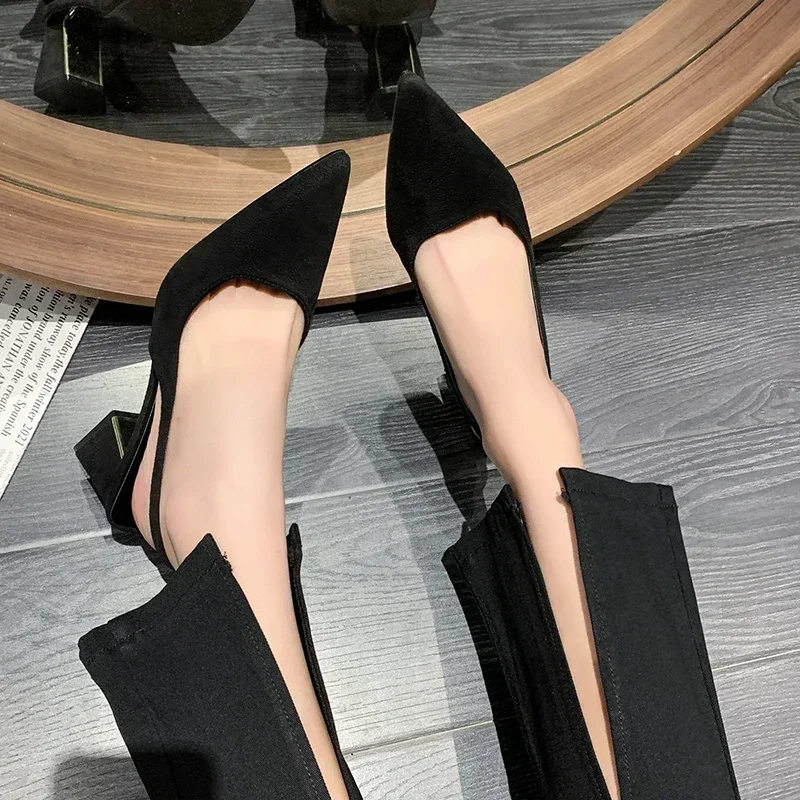 2024 Summer New Fashion Solid Women\'s Pumps Sexy Slingback Shoes for Women Square Heel Suede Pointed Toed High Heel Shoes Ladies