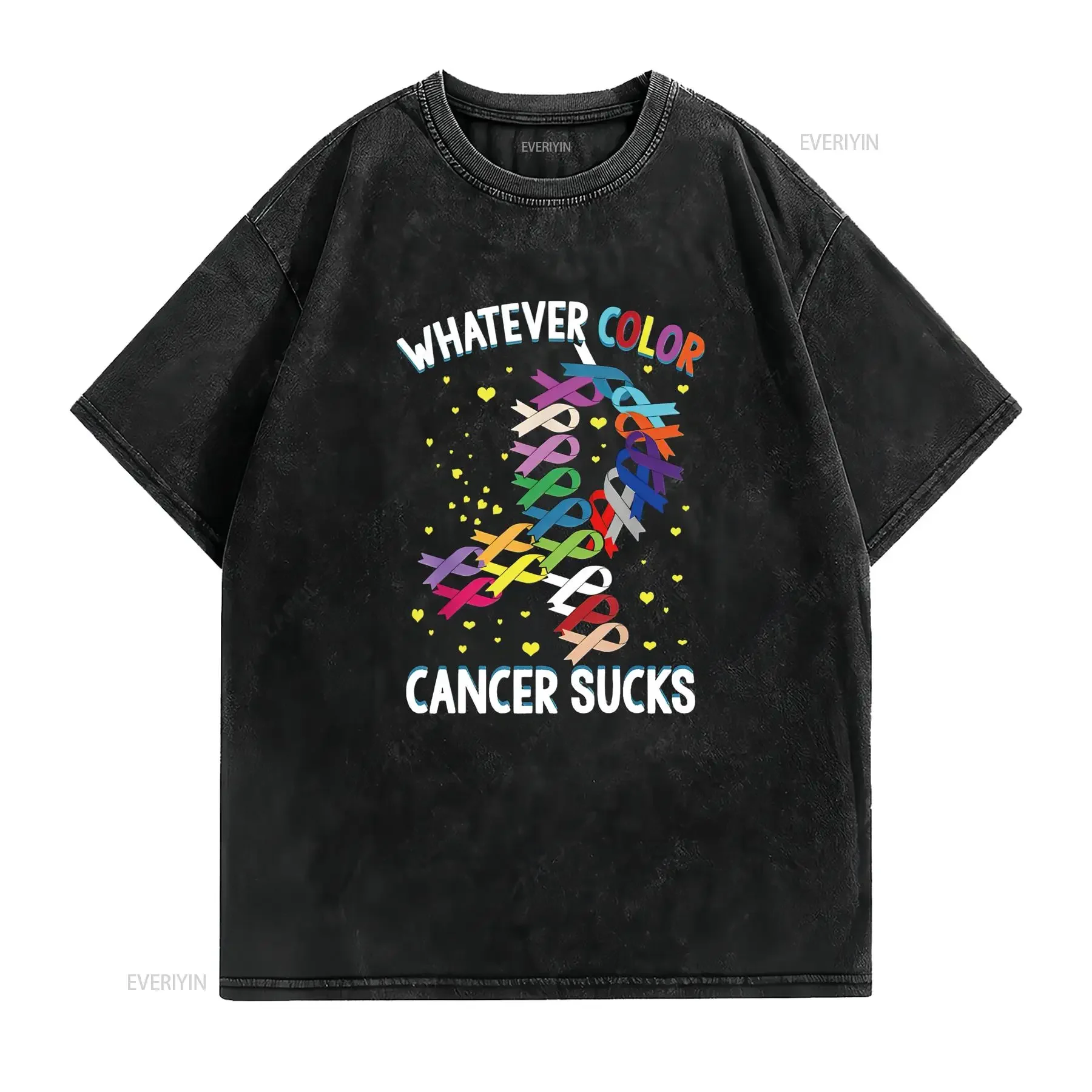Womens Cancer Awareness T Shirt Whatever Color Sucks Black vintage Washed streetwear Top For Everyday Wear Stylish Breathable