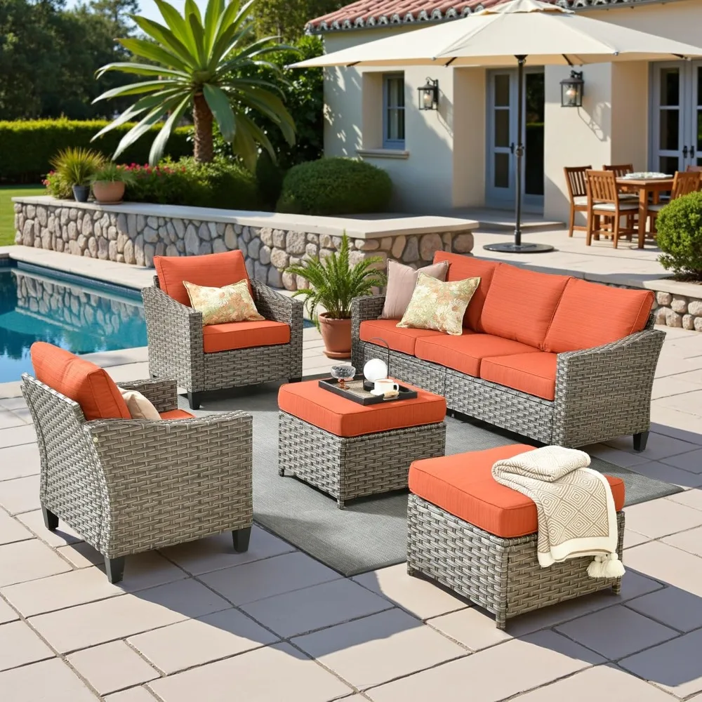 

5 Pcs Patio Conversation Set for 7 Seats, Rattan Wicker Outdoor Patio Furniture Set, 2 x Single Chair, 2 x Ottoman, 3-Seat Sofa