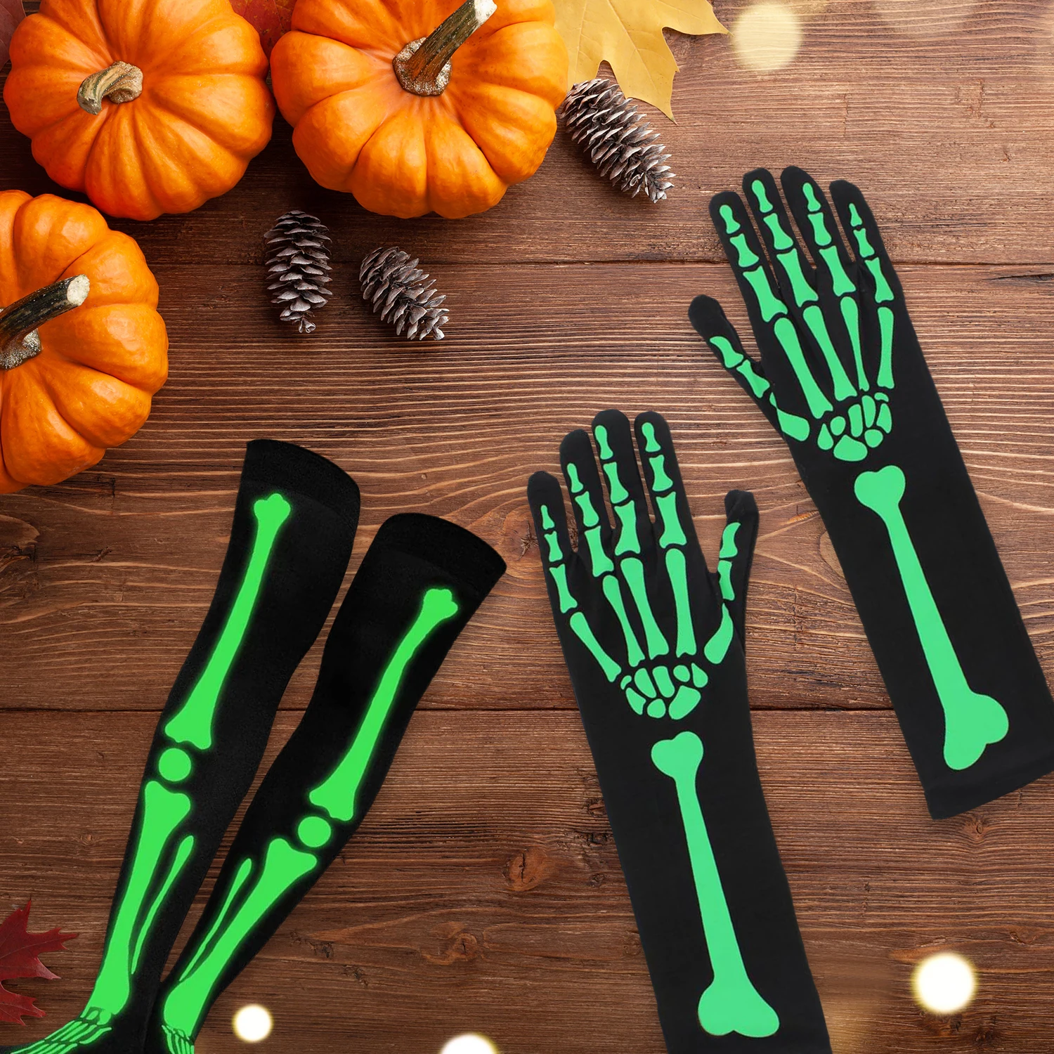 

Halloween Skull Gloves And Skeleton Stockings Set for Party Cosplay Costume Glow-in-the-Dark Decoration Gloves And Leggings