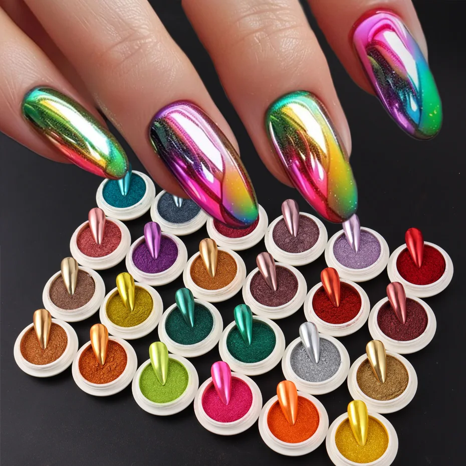

24pcs/set Magic Mirror Chrome Nail Powder Rubbing Dust Chrome Pigment Metallic Holographic Glitter Aurora Dust Nails Art Decor