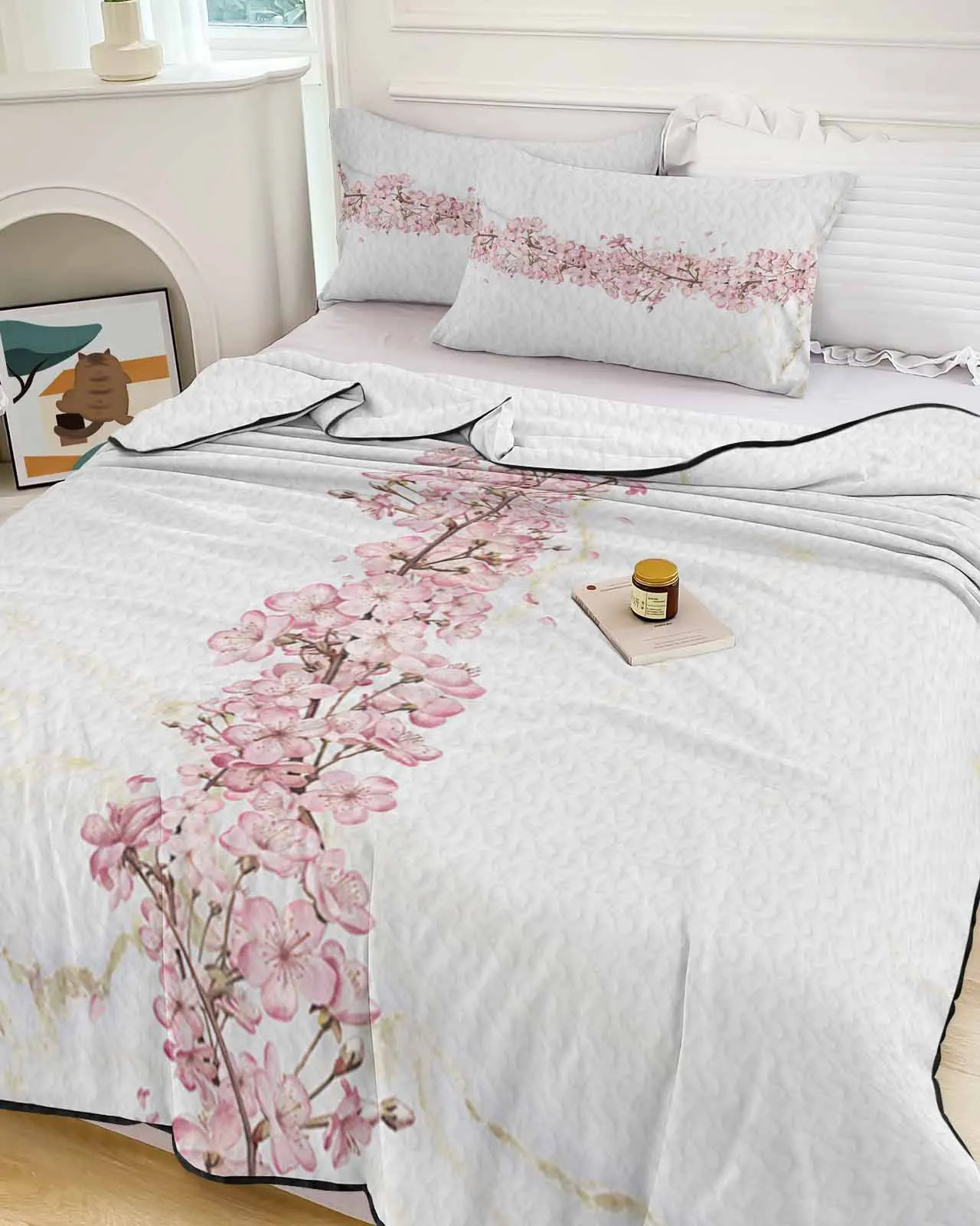 

Cherry Blossom Marble Cooling Blankets Air Condition Comforter Lightweight Summer Quilt for Bed Breathable Soft Thin Quilt