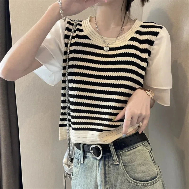 Ruffles Patchwork Knitting Short T Shirts Summer New Short Sleeve Striped Loose Vintage Tops Tees Sweet Fashion Women Clothing