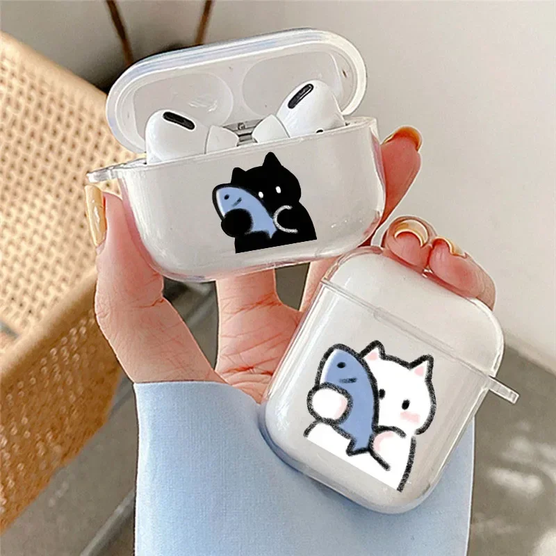 Cartoon Cat Fish Couple Earphone Cases For Apple AirPods 4 3 2 1 Clear Protective Covers For AirPods Pro 2 Animal Shell Fundas