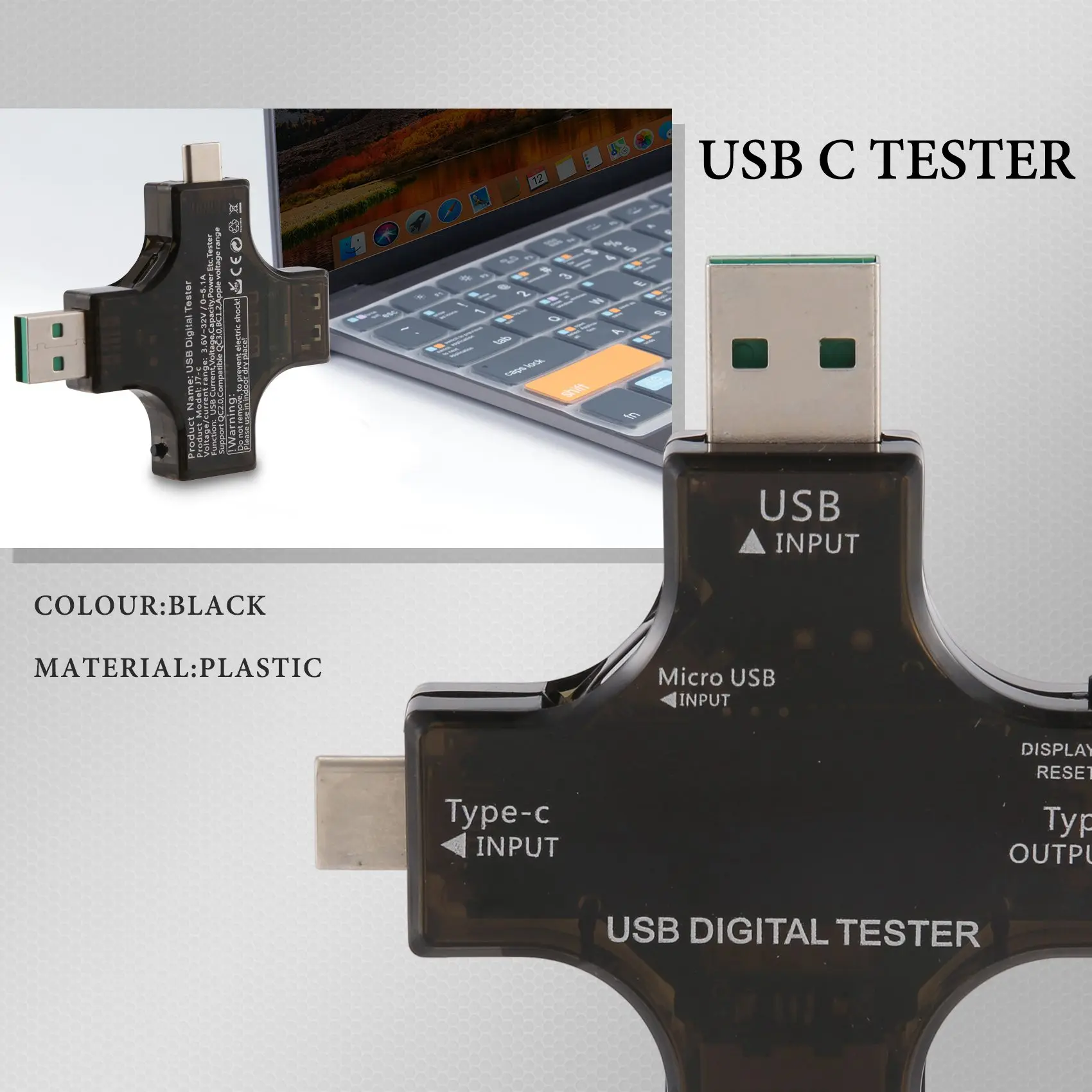 مقياس متعدد رقمي بشاشة LCD ، جهاز اختبار USB 2 في 1 من النوع C ، شاشة ملونة ، جهد ، تيار ، فولتميتر ، مقياس التيار الكهربائي ، كاشف