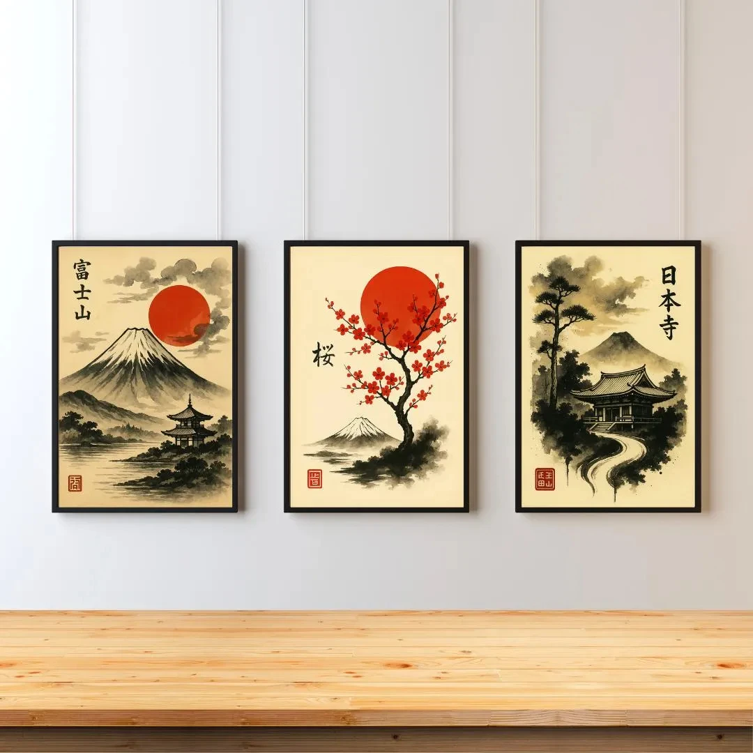 Japanese Art Inspired Poster Prints, Mount Fuji, Cherry Blossom, Japanese Temple, Home Decor, Lounge Dining Room Hallway Prints