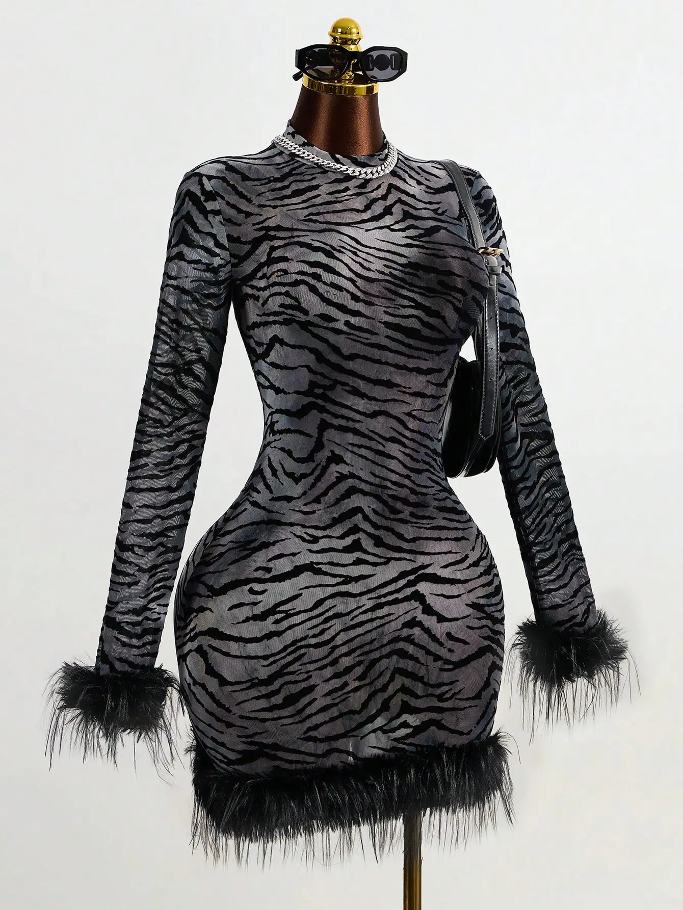 

Сетчатое мини-платье с тигровым принтом и меховой отделкой, сексуальное платье для вечеринок