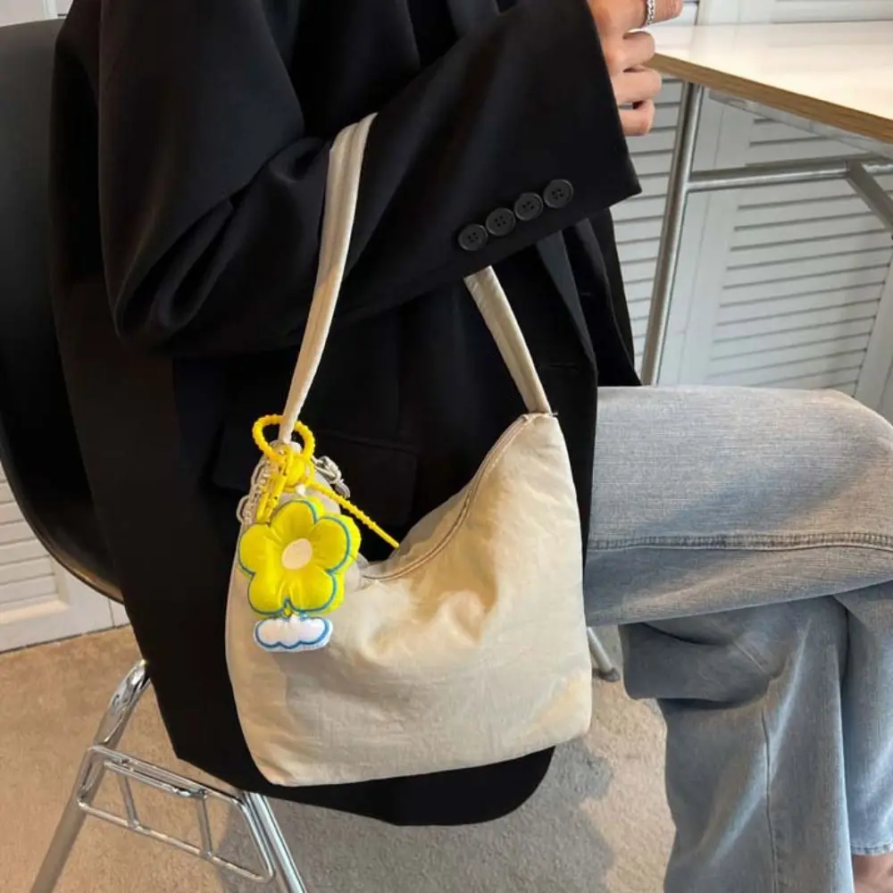 Korean Style Solid Color Hand Bag Dumplings Bag Large Capacity Light Soft Nylon Bag with Flower Pendant Tote Bag Shoulder Bag