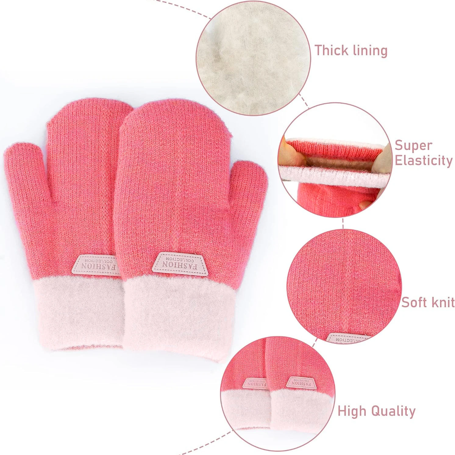 Warm Fleece Lined Kids Knit Mittens, Flexible Cuff Anti-drop Winter Outdoor Gloves for Boys Girls 4-8Y view 2