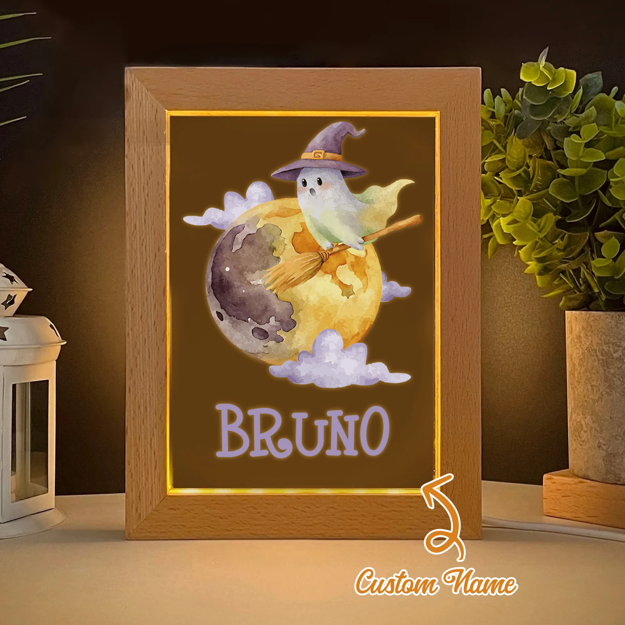 

2D Flat Custom Name Ghost Broom LED Acrylic Night Light Wood Photo Frame 21x17cm Halloween Bedroom Gifts Home Decoration