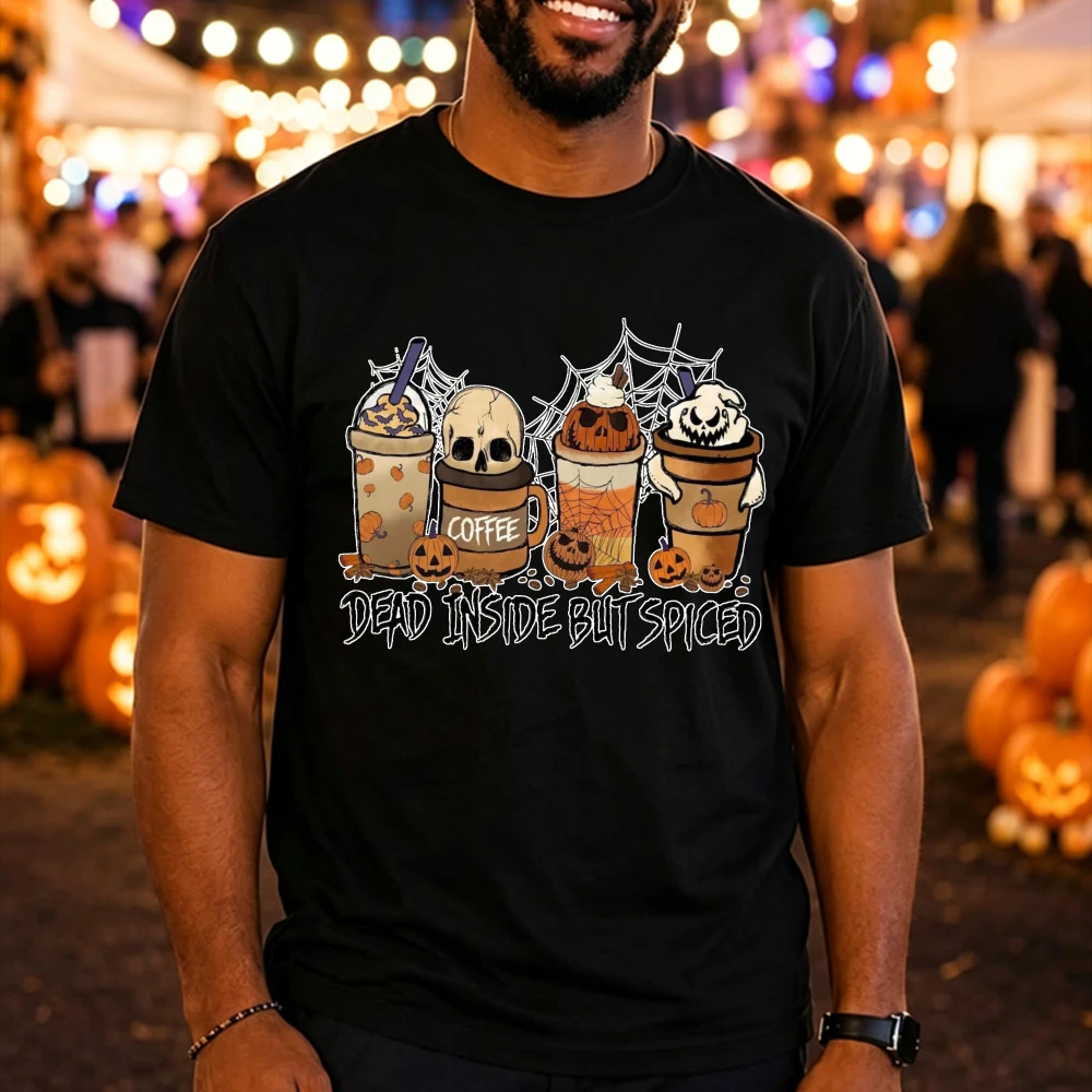 Dead Inside But Spiced Shirt Unisex Soft Cotton Halloween Coffee Graphic Tee Vintage Pumpkin Spice Skeleton T-Shirt Lover Gift
