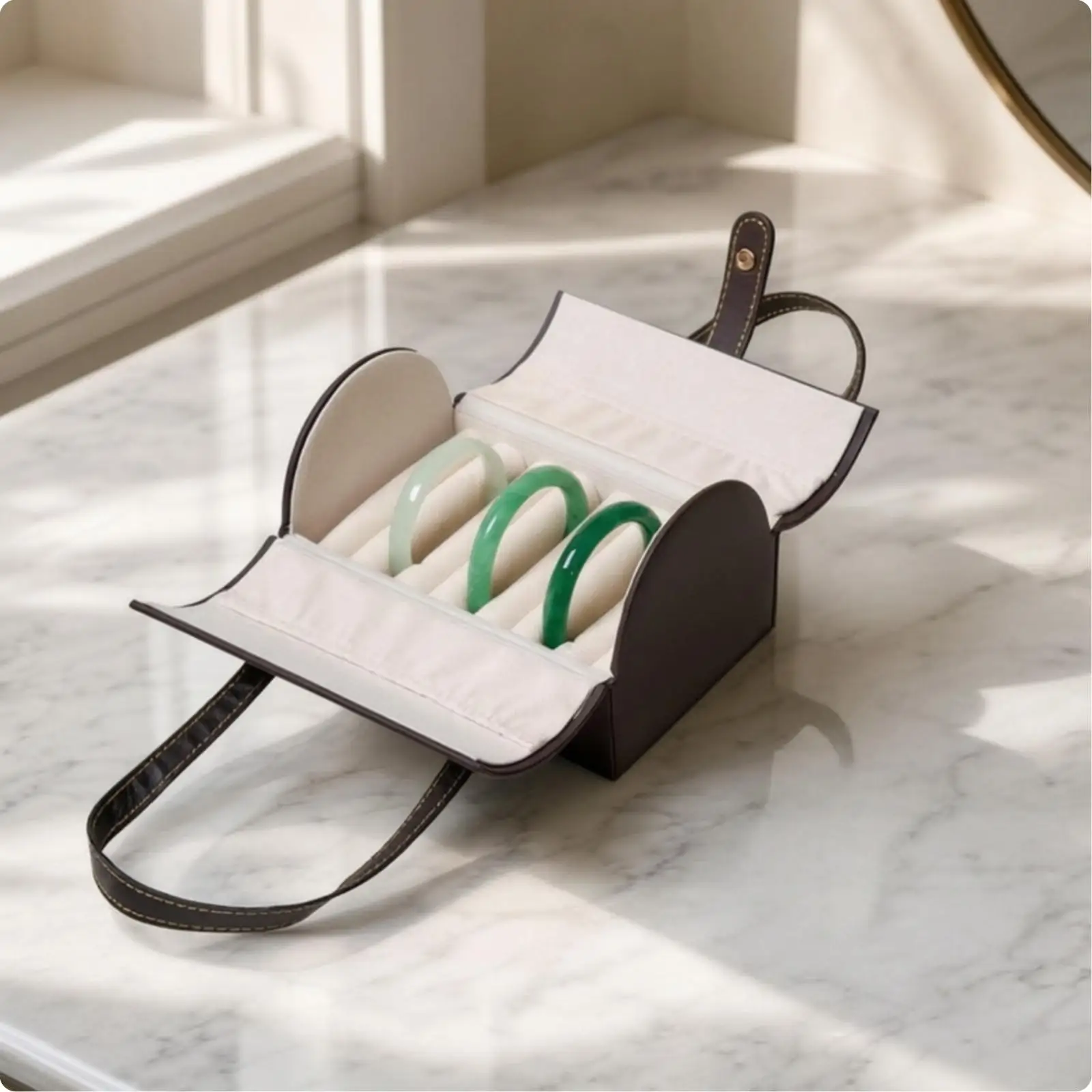 Coffee Beige Leather Bracelet Jewelry Box Organizer with Snap Button Flap and Secure Compartments