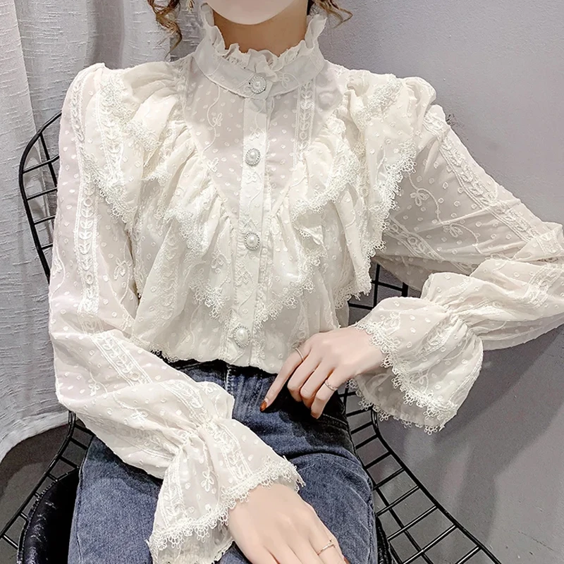 Fashion Ruffle Stitching Long Sleeve Shirts Elegant Lace Chiffon Blouse Loose Korean Style Stand Collar Pleated Top Blusas 15832