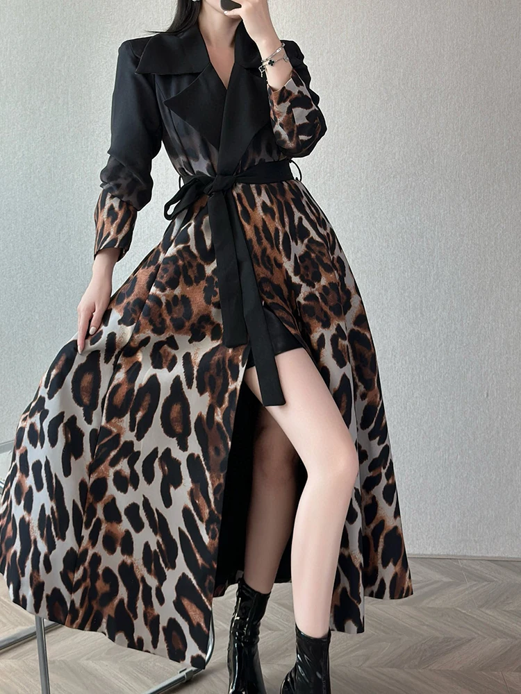 TWOTWINSTYLE Hit Color Leopard Printting Streetwear Midi Dress For Women Notched Collar Long Sleeve Spliced Sashes Dress Femal