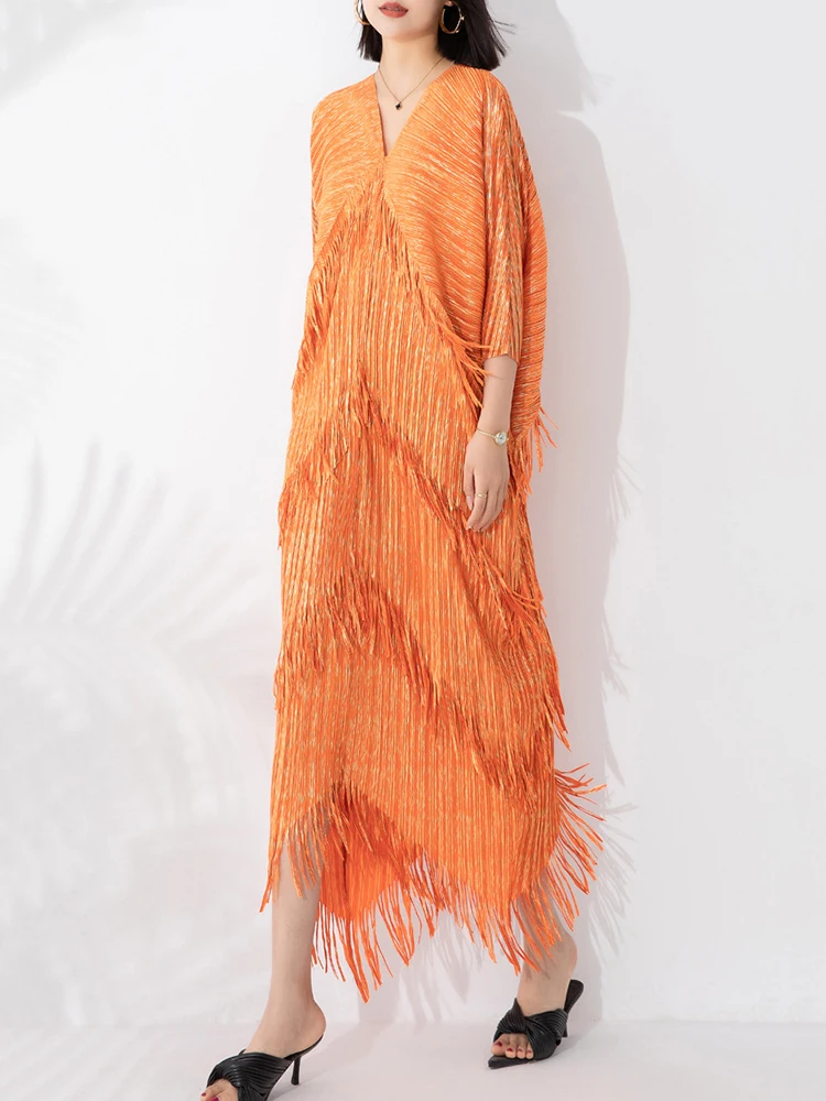 

Solid Tassels Irregular Dresses Spring Women V Neck Half Sleeve Pleated Dress Autumn High Waist Slim Pullover Knee Length Dress