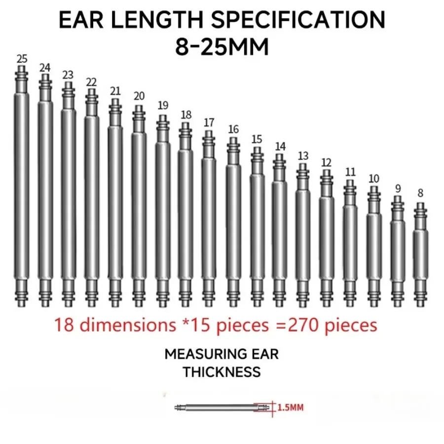 270pcs/Box Strainless Steel Spring Bars Dia 1.5mm Length8mm - 25mm/ Watchband Strap Belt Watch Repair Tools Pin