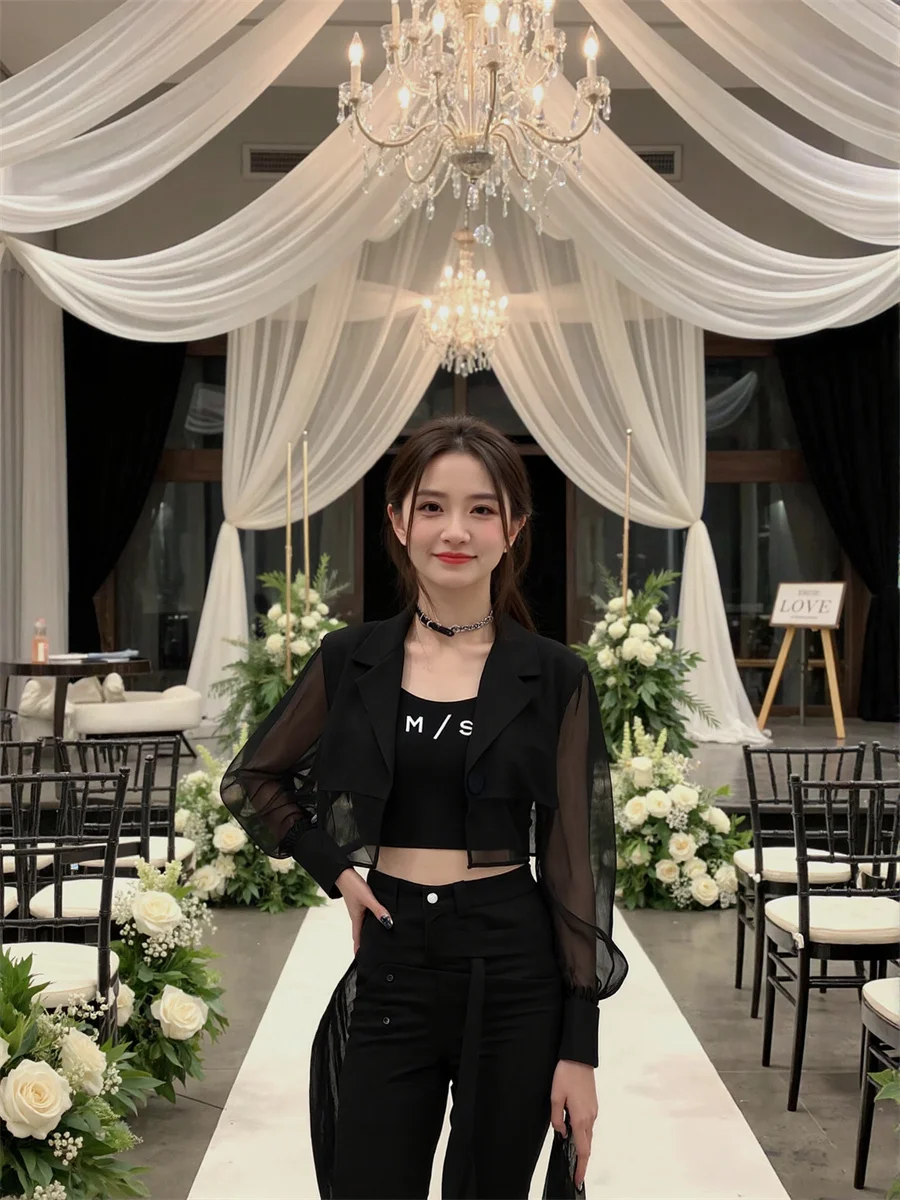 

Sun-proof Cropped See-through Back-Slit Blazers Elegant Woman Clothes For Women Wrap Textured Woolen Stylish Slimming Elegance