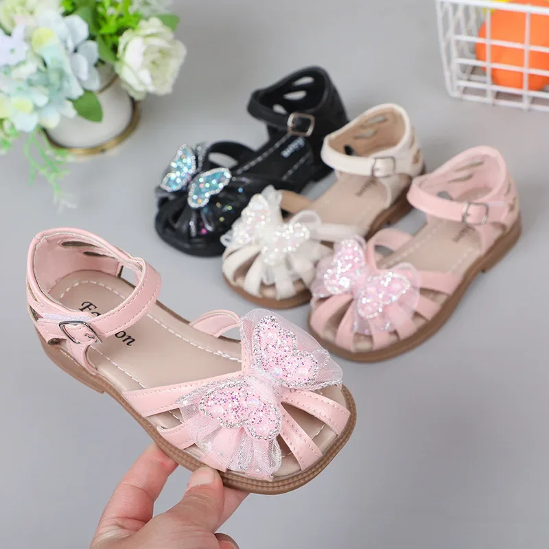 Girls Summer Butterfly Sandals Princess Beach Shoes Cut-outs Kids Sandals Crystal with Lace Sweet Soft Breathable Anti-kick Cute