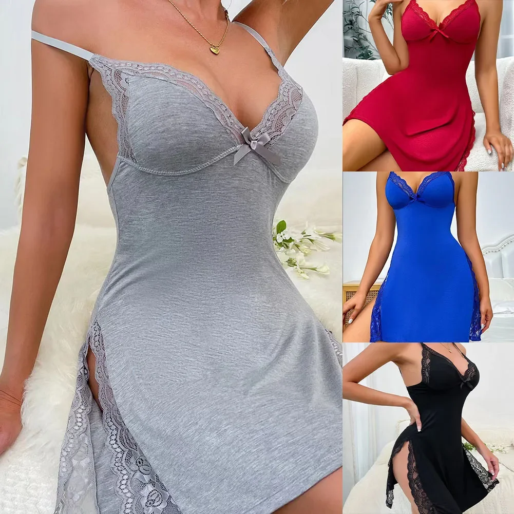 Ropa de dormir de Modal para mujer, cuello en V, lazo de encaje, lencería Sexy con aberturas laterales, Tanga, camisón sin mangas