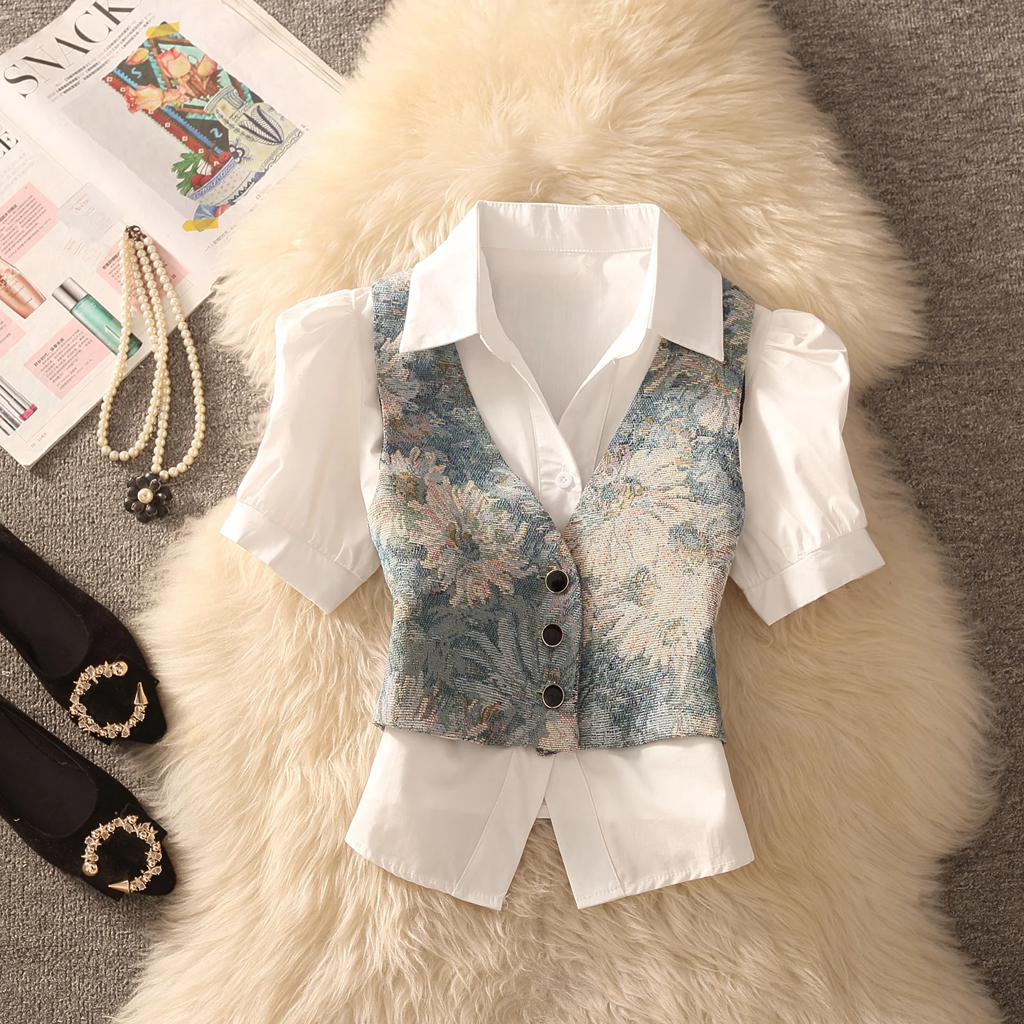 Retro Style Floral Print Bubble Sleeve Shirt And Vest Two Piece Set Women's Spring Summer Slimming Versatile Fashion Set