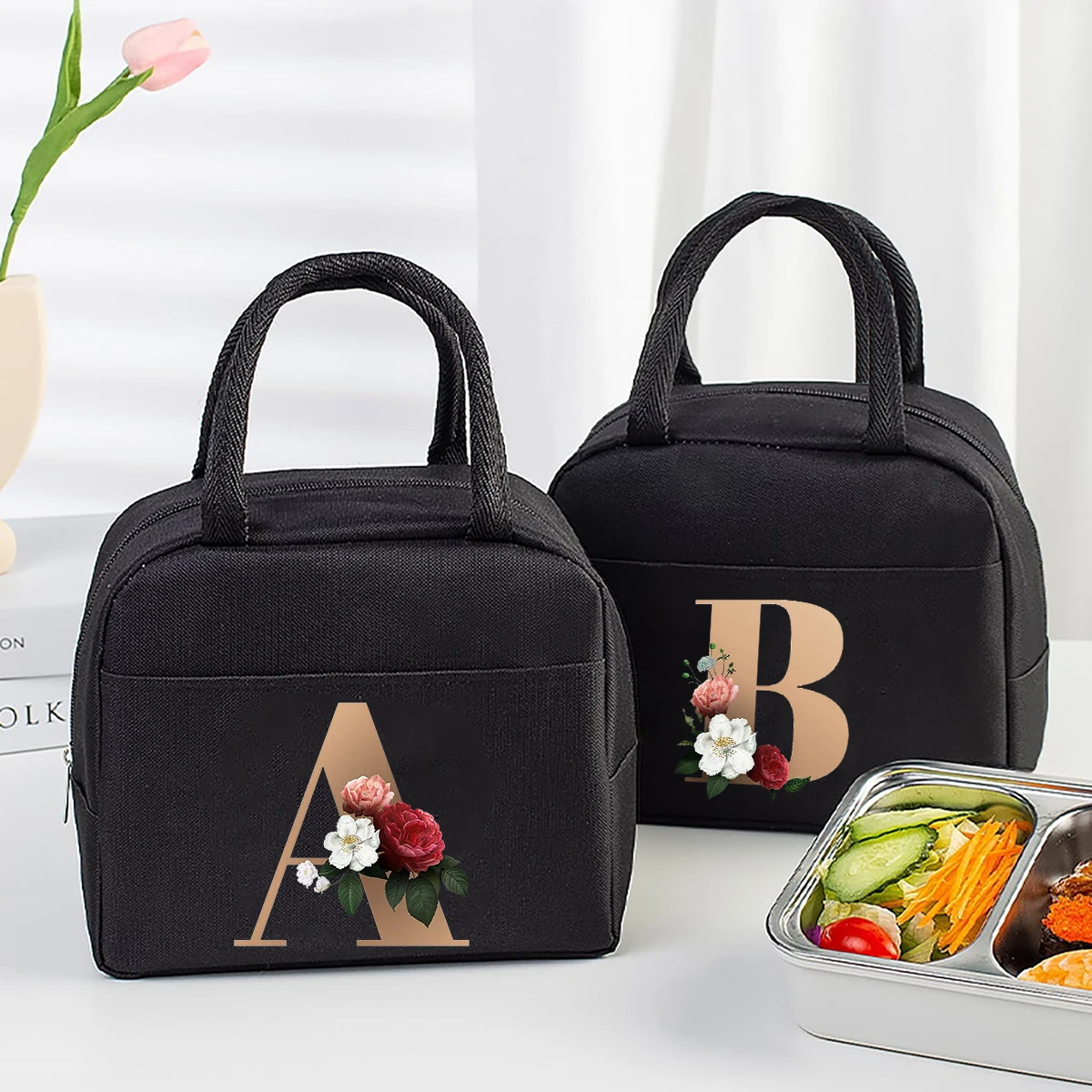 Gold Letter Pattern Lunch Bag, Lightweight, Waterproof Insulated Bag, Cooler Bag, Tote Bag, Lunch Box, Ice Pack, Picnic Food Tote Bag, Large Capacity Portable Nylon Lunch Storage Bag, School, Office, Picnic Lunch Tote Bag