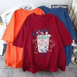 Summer Short Sleeve T-shirt Women Cartoon Print Round Neck Top Fashion Loose Tee