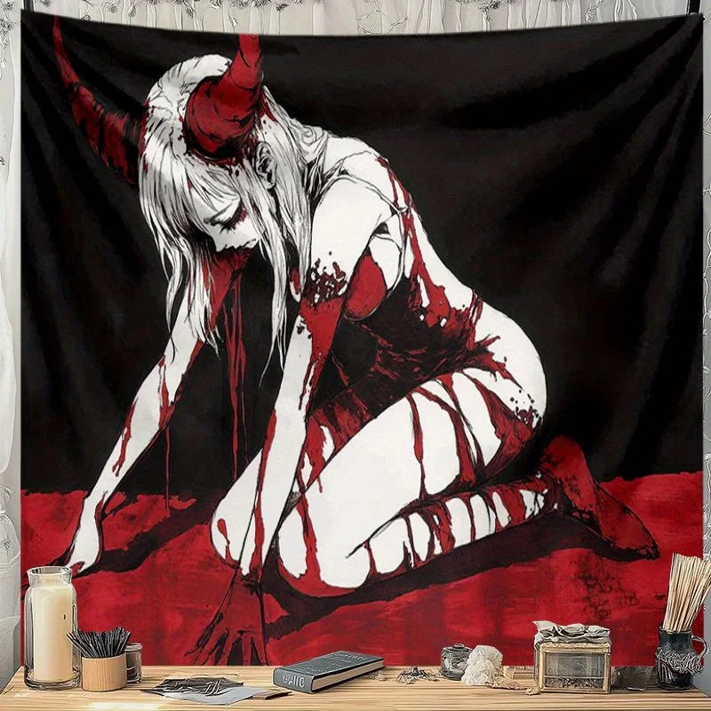 Dark Gothic Tapestry with a Sinister Figure for a Hauntingly Dramatic Wall Accent