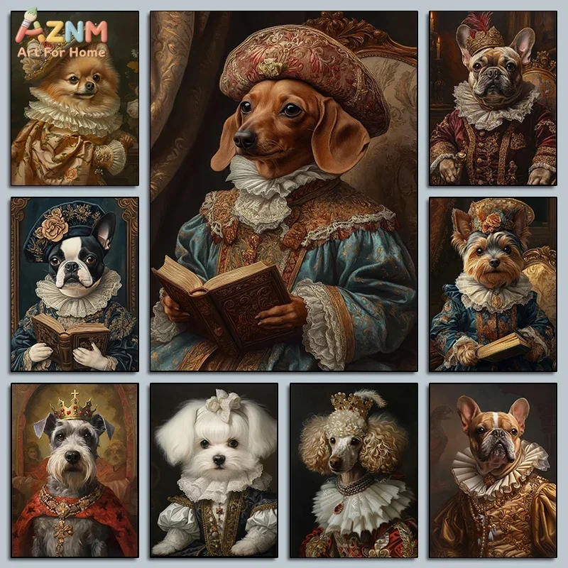 AZNM Renaissance Royal Dog Canvas Wall Art Vintage Noble Pet Portrait Costume Reading Book Poster Print Funny Home Gallery Decor